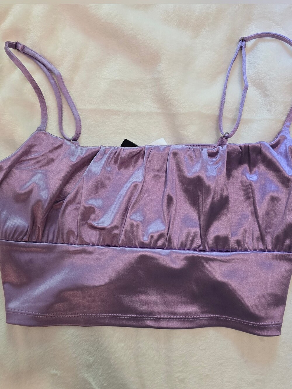 H&M Divided Metallic Lavender Purple Satin Ruched Crop Top Cami Double Strap L